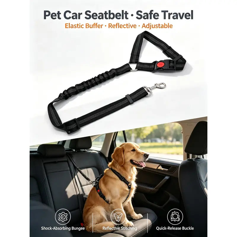 Dog Vehicle Safety Straps (2-Pack) - Nylon Fabric, Reflective Design, Elastic Shock-Absorbing, Adjustable Fit, Secure Fastening, Enhanced Night Visibility