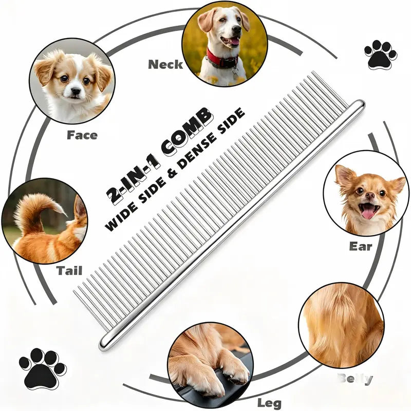 3-Piece Stainless Steel Grooming Comb Set for Dogs and Cats - Ergonomic Non-Slip Handle, Undercoat Rake, Fine-Toothed Face Comb, and Easy Detangling Brush for All Breeds