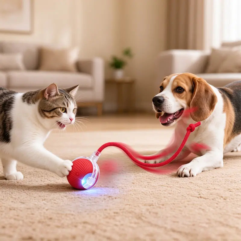 Interactive Usb-Rechargeable Smart Rolling String Cat Toy Ball - Light-Up, Quiet Adjustable Mode, Bite-Wear Resistant, Shatterproof, Non-Toxic, Replaceable Wavy-Texture Shell, 8-Color Indoor Kitten Hunting Toy with Bird Sound Automatic Moving