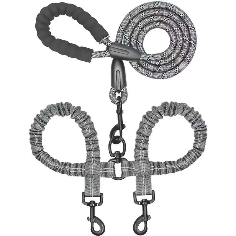 Double Dog Leash, 360° Swivel No Tangle Dual Leash for 2 Dogs, Heavy Duty Shock Absorbing Bungee Leashes with Comfortable Padded Handle & Reflective Stitching for Medium Large Dogs Walking Running Training, Black (25-150 Lbs)