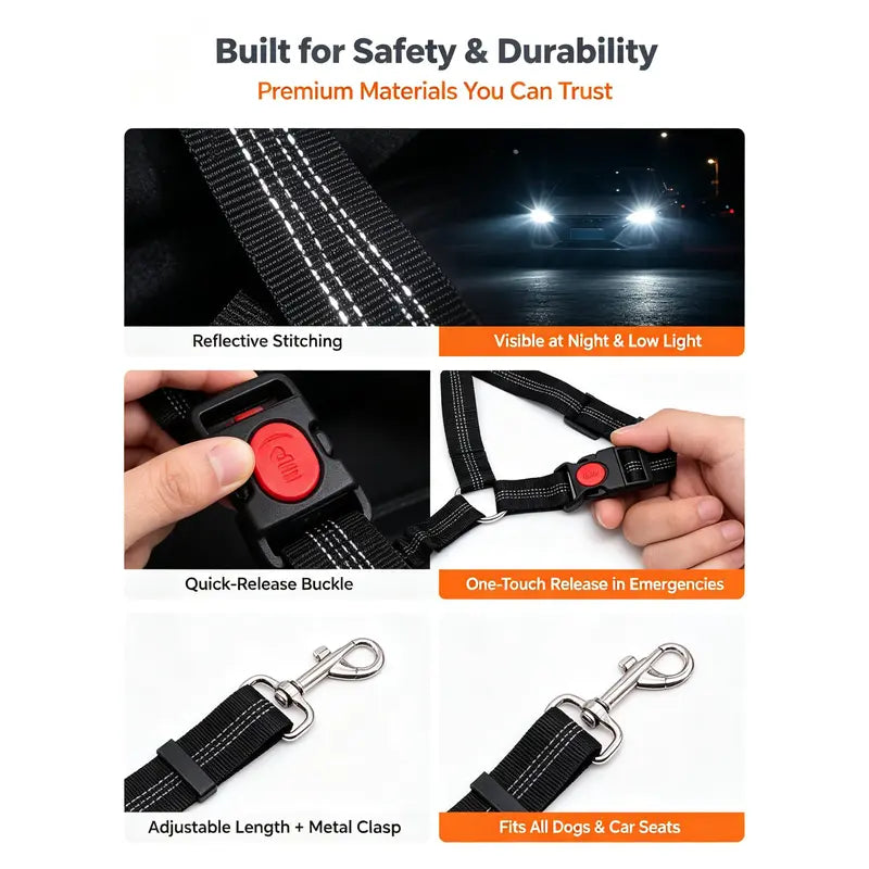 Dog Vehicle Safety Straps (2-Pack) - Nylon Fabric, Reflective Design, Elastic Shock-Absorbing, Adjustable Fit, Secure Fastening, Enhanced Night Visibility