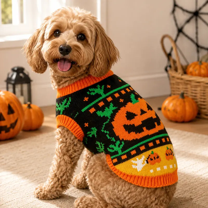 AUROTH Halloween Knitted Pet Sweater for Small/Medium Dogs & Cats, Cozy Fabric Outfit with Pumpkin Print & Ghost Pattern, Warmth Boost Fall Clothing