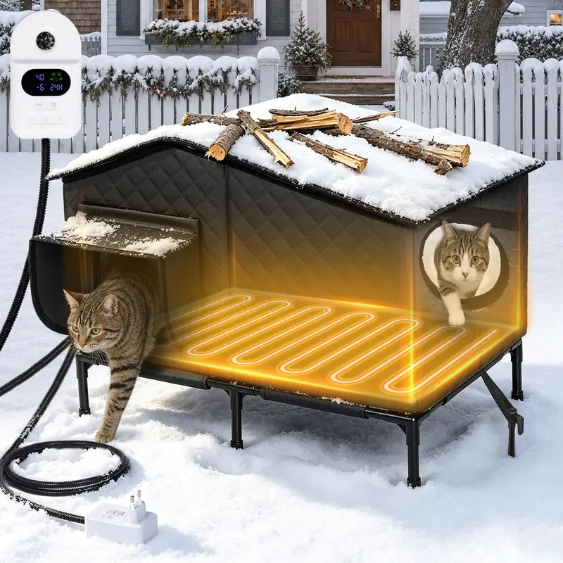 Petcozife Smart Heated Cat House for Indoor/Outdoor Use, Insulated Winter Shelter with 8-in-1 Temperature Control, Waterproof and Chew-Proof Design, FCC/UL Certified, One-Way Escape Door, Available in Medium/Large Sizes