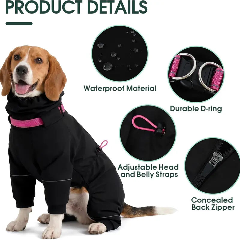 Kuoser Dog Raincoat - Waterproof Outdoor Pet Clothing with Reflective Stripes, Adjustable Hood, Leash D-Ring, 8-Leg Design, Lightweight Fabric for Hikes, Full-Body Coverage for Small/Medium/Large Dogs (Pink, Black)