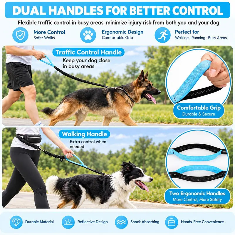 Hands Free Dog Leash with Waist Bag, Reflective Bungee Dog Leash with Dual Handles for Running, Walking & Hiking, Shock Absorbing Dog Lead
