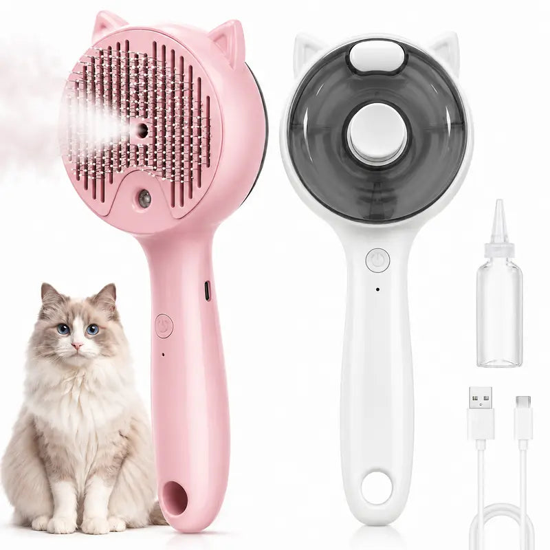 Self-Cleaning Cat & Dog Deshedding Brush with Spray Mist, 1-Button Hair Release, Steel Bristles, Pet Grooming Deshedding Tool