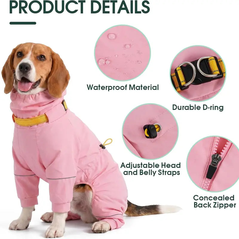 Kuoser Dog Raincoat - Waterproof Outdoor Pet Clothing with Reflective Stripes, Adjustable Hood, Leash D-Ring, 8-Leg Design, Lightweight Fabric for Hikes, Full-Body Coverage for Small/Medium/Large Dogs (Pink, Black)