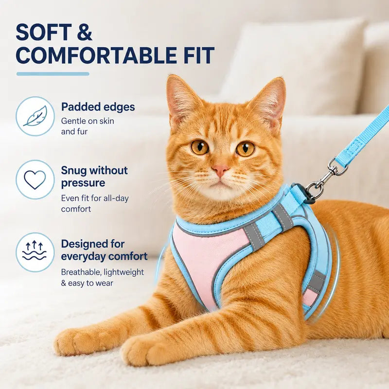 Escape Proof Cat Harness and Leash Set Pack - Adjustable, Soft Mesh Fabric, Lightweight, Sturdy Lock, Stress-Free for Small/Medium Cats (Solid Colors)