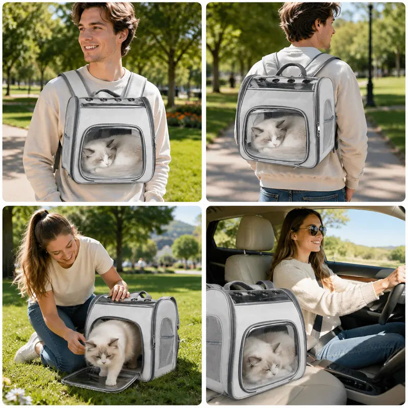 EGFSK Breathable Mesh Cat Carrier Backpack Set Pack, Pet Travel Carrier with Adjustable Harness-Leash, Airflow Vents, Easy Access Dual Zips, Removable Pad for Cats & Small Dogs up to 12 Lbs, Gray