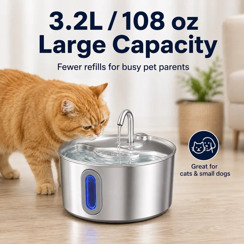 3.2L Stainless Steel Pet Water Fountain for Cats & Dogs - Automatic Hydration Dispenser with LED Level Window, Ultra-Quiet Pump, 12 Filters, 12 Sponge Pads, Modern Home Decor Compatibility