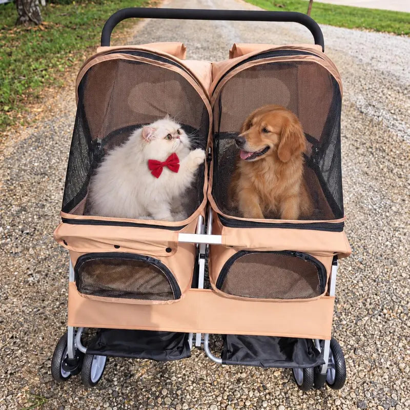 Side-By-Side Double Pet Stroller – Foldable Twin Dog & Cat Carrier with Safety Leashes, Mesh Windows, Dual Baskets, 44 Lb Capacity for Walks, Travel & Vet Visits