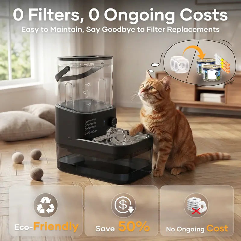 3L Filterless Cat & Small Dog Water Fountain, Cordless Automatic Pet Water Dispenser with Motion Sensor, Separate Clean & Used Water, No Replacement Filters Needed, 304 Stainless Steel Bowl