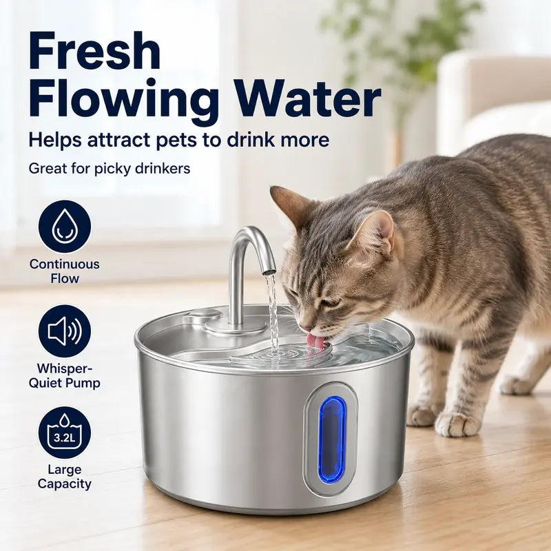 3.2L Stainless Steel Pet Water Fountain for Cats & Dogs - Automatic Hydration Dispenser with LED Level Window, Ultra-Quiet Pump, 12 Filters, 12 Sponge Pads, Modern Home Decor Compatibility