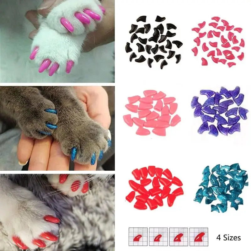 20Pcs High-Quality Rubber Cat Claw Covers - Soft Comfortable Pet Nail Protectors with Free Adhesive Glue, 1 Bag Nail Caps, Fits Snugly like a Glove, Safe Wear, Multi-Size for Kitten Grooming Supplies, Protects from Scratching