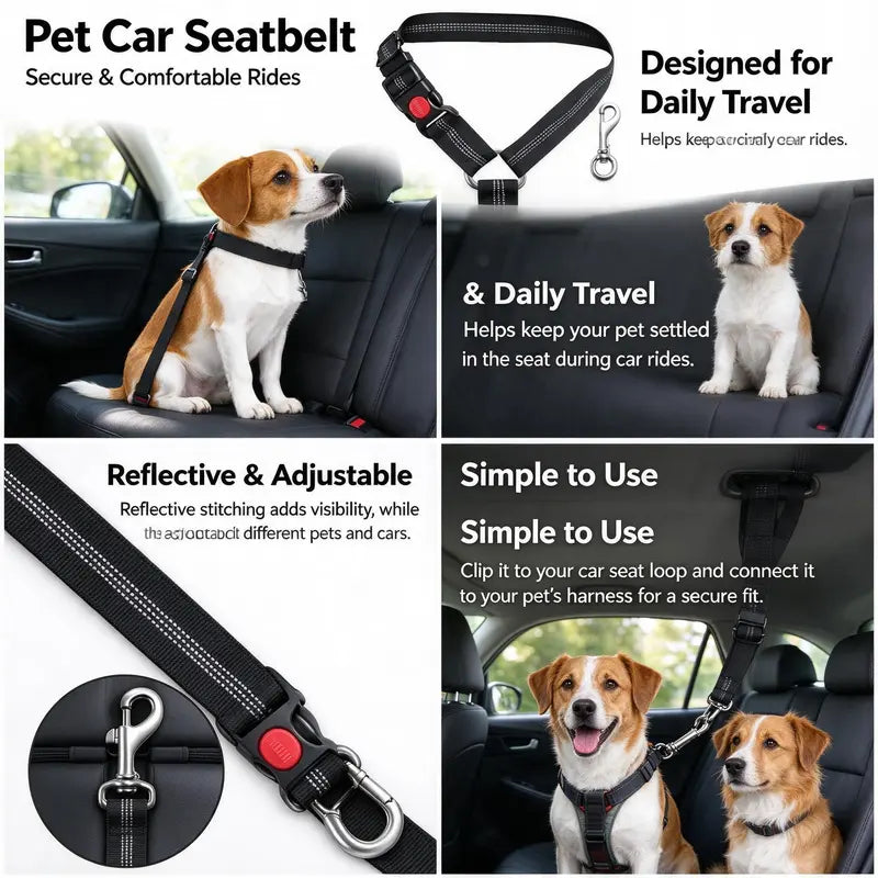 Dog Vehicle Safety Straps (2-Pack) - Nylon Fabric, Reflective Design, Elastic Shock-Absorbing, Adjustable Fit, Secure Fastening, Enhanced Night Visibility