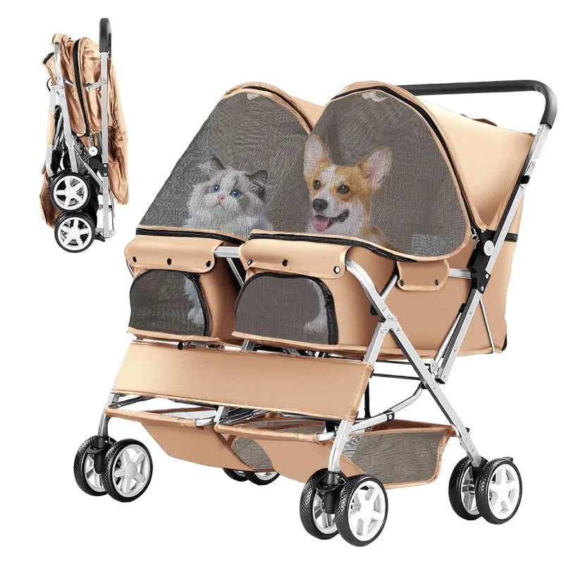 Side-By-Side Double Pet Stroller – Foldable Twin Dog & Cat Carrier with Safety Leashes, Mesh Windows, Dual Baskets, 44 Lb Capacity for Walks, Travel & Vet Visits
