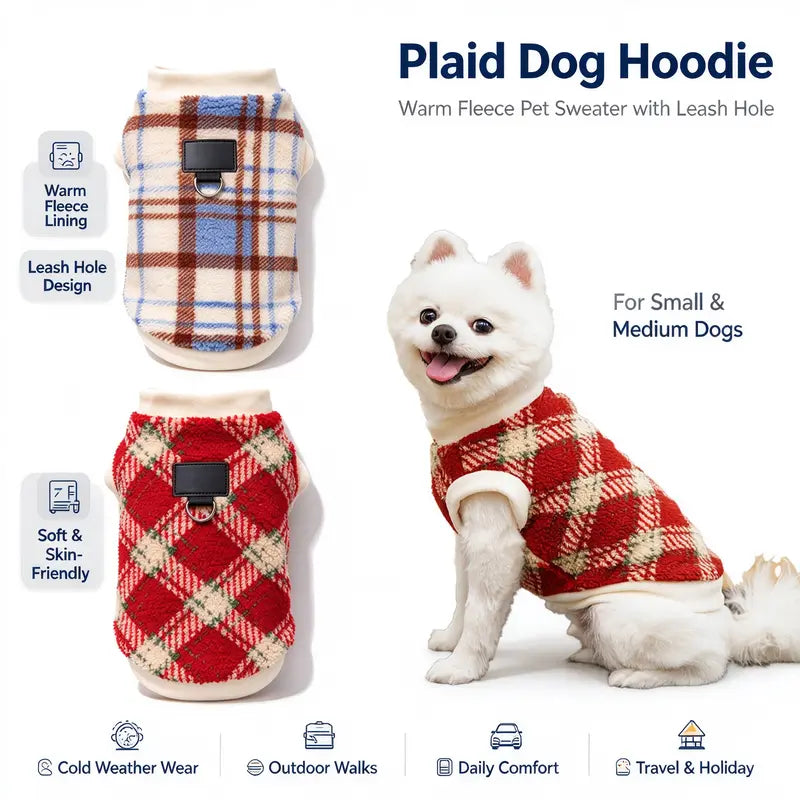 Plaid Dog Hoodie, Warm Fleece Pet Sweater with Leash Hole, Winter Dog & Cat Clothes for Small & Medium Dogs, Puppy Apparel for Cold Weather, Outdoor Walks, Daily Wear, Travel & Holiday Pet Outfits,Outdoor
