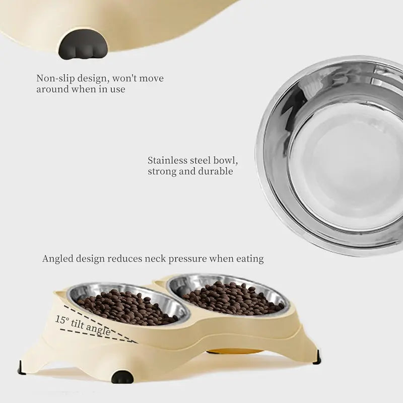 15° Tilted Raised Pet Feeding Set for Cats & Small Dogs, 2 Stainless Steel Containers, Non-Slip, Splash-Proof, Whisker-Friendly, Dishwasher Safe Indoor Recreation Gear