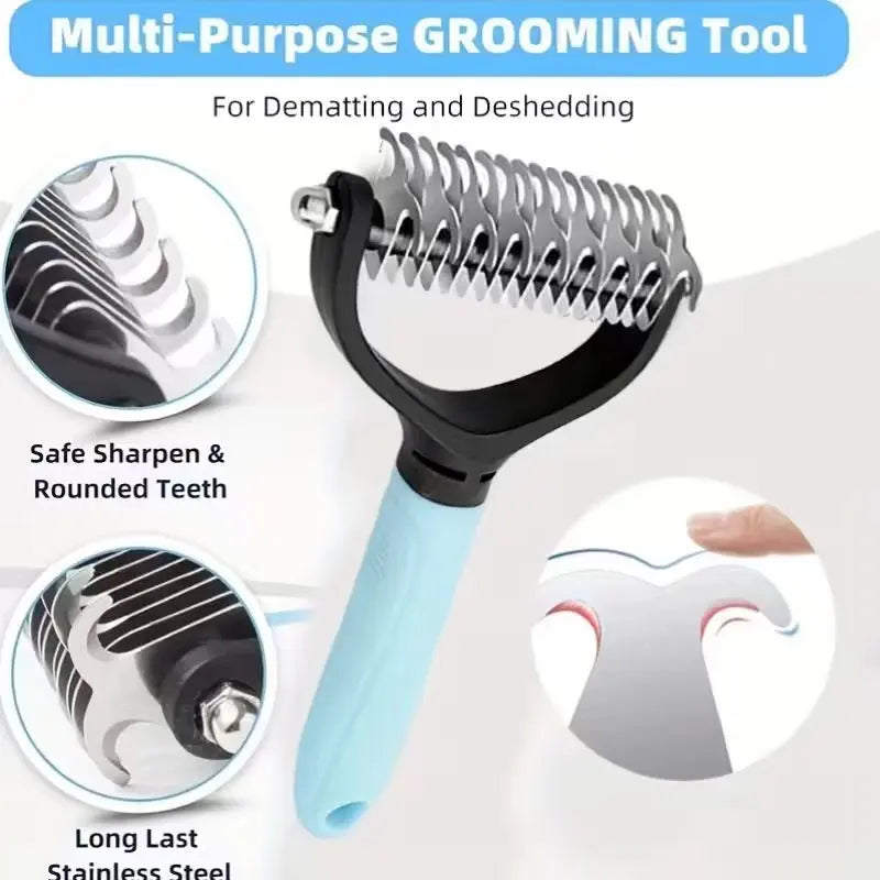 Pet Dematting Rake for Dogs & Cats - Double-Sided Stainless Steel Blades with Dual-Side Teeth, Ergonomic Non-Slip Handle Grooming Tool to Remove Mats, Tangles, Matted Hair & Loose Coat, Easy to Clean