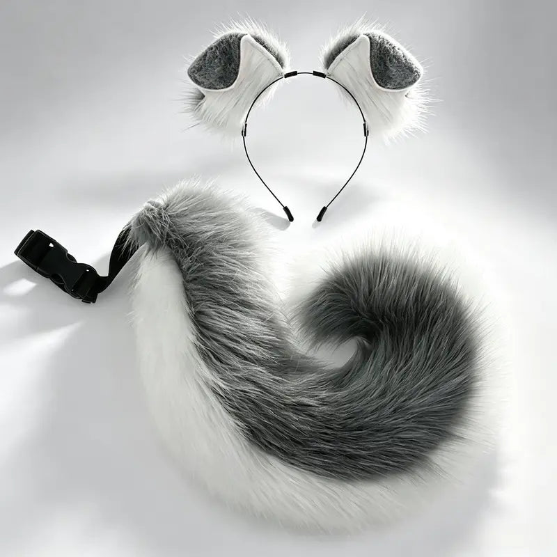 Adult Faux Fur Ears + Tail Set - Handmade Halloween Costume Roleplay Accessory, Adjustable Strap Waist Tail, Casual Soft Hair Headband for Secure Fit Parties