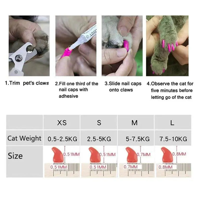 20Pcs High-Quality Rubber Cat Claw Covers - Soft Comfortable Pet Nail Protectors with Free Adhesive Glue, 1 Bag Nail Caps, Fits Snugly like a Glove, Safe Wear, Multi-Size for Kitten Grooming Supplies, Protects from Scratching