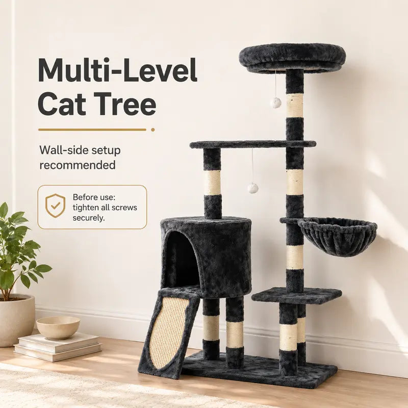 Heybly 43.3In Space-Saving Smoky Gray Cat Tree Condo Tower HCT004SG - Durable Sisal Rope Scratch Post, Padded Perch, Cozy Hammock, Toy-Included Indoor Cat Furniture