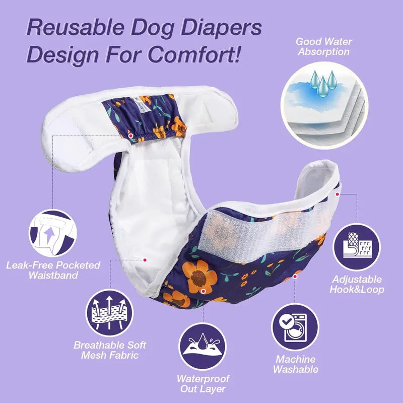 Dono 3-Pack Reusable Female Dog Diapers - 3-Pieces Machine Washable Pads Nappies, Eco-Friendly, Leak-Proof, Fast-Absorbing for Girl Dogs in Period Heat