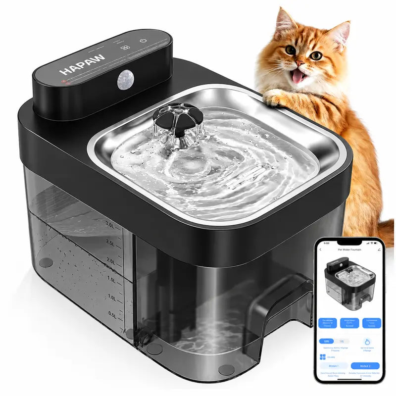 HAPAW Smart Cat Water Fountain - 3L Clean, 1.35L Wastewater Tanks (4.35L Total), 5000Mah Cordless, Filter-Free, 2 Flow Modes, App Remote Control for Multi-Cat Homes & Busy Owners