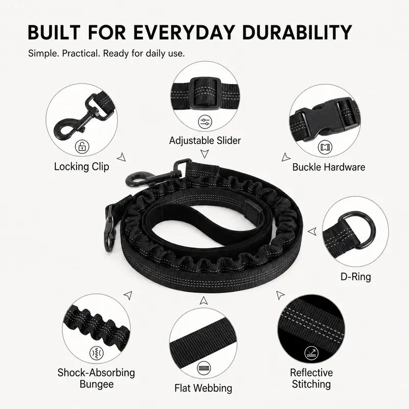 6-In-1 Hands-Free Bungee Dog Leash for Medium-Large Dogs - Nylon Webbing, Shock-Absorbing, Adjustable Waist & Crossbody Straps, Reflective Leashes for Walking, Car Rides, Bungee Leashes