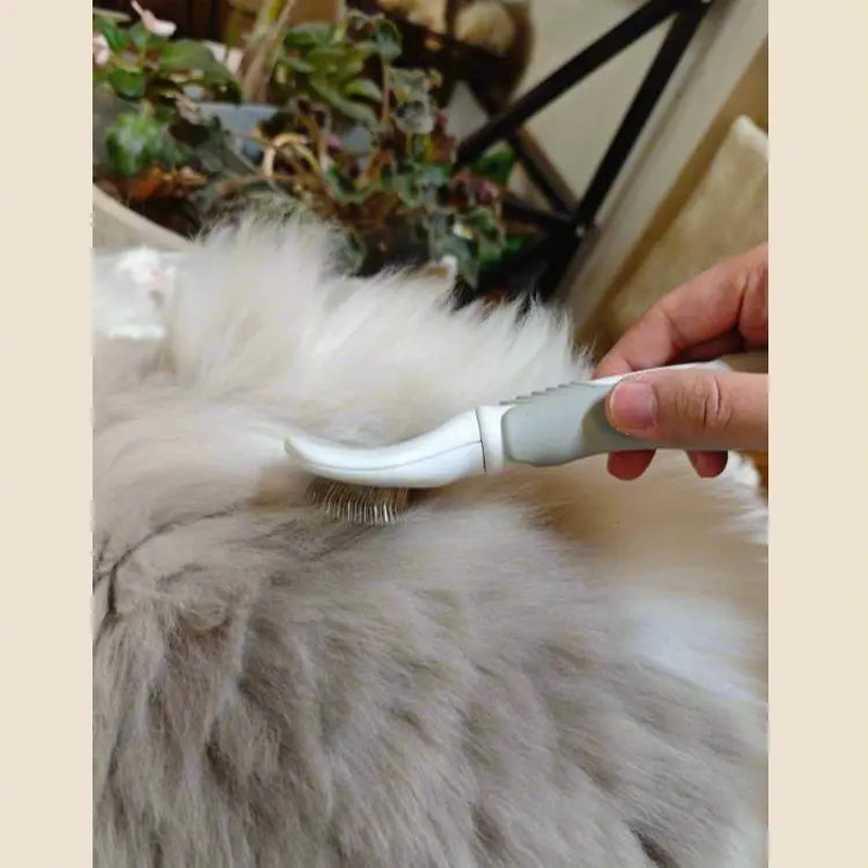 Rubber Slicker Brush for Dogs & Cats - Self-Cleaning Fine Needle Grooming Tool with Paw Print Cartoon Handle, Ergo Grip, Universal Fit for Floating Hair Shedding, Tangles, Thinning (Pet Hair Care Supplies)