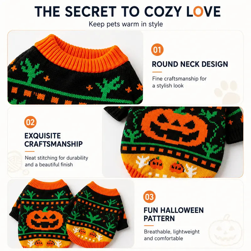 AUROTH Halloween Knitted Pet Sweater for Small/Medium Dogs & Cats, Cozy Fabric Outfit with Pumpkin Print & Ghost Pattern, Warmth Boost Fall Clothing