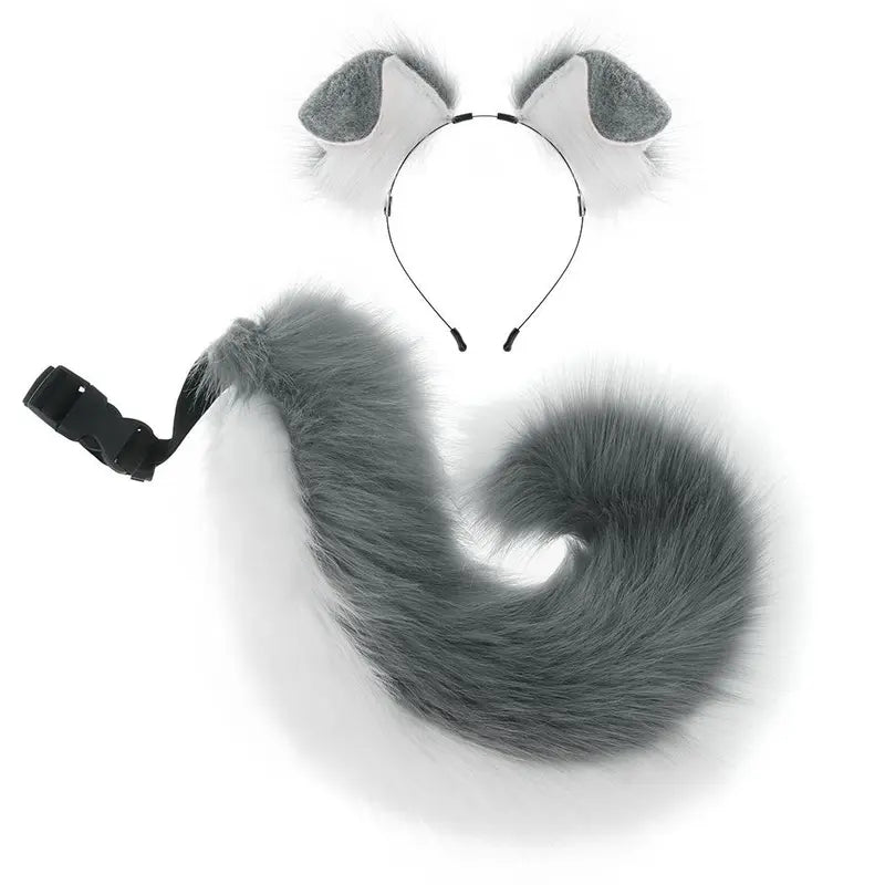 Adult Faux Fur Ears + Tail Set - Handmade Halloween Costume Roleplay Accessory, Adjustable Strap Waist Tail, Casual Soft Hair Headband for Secure Fit Parties