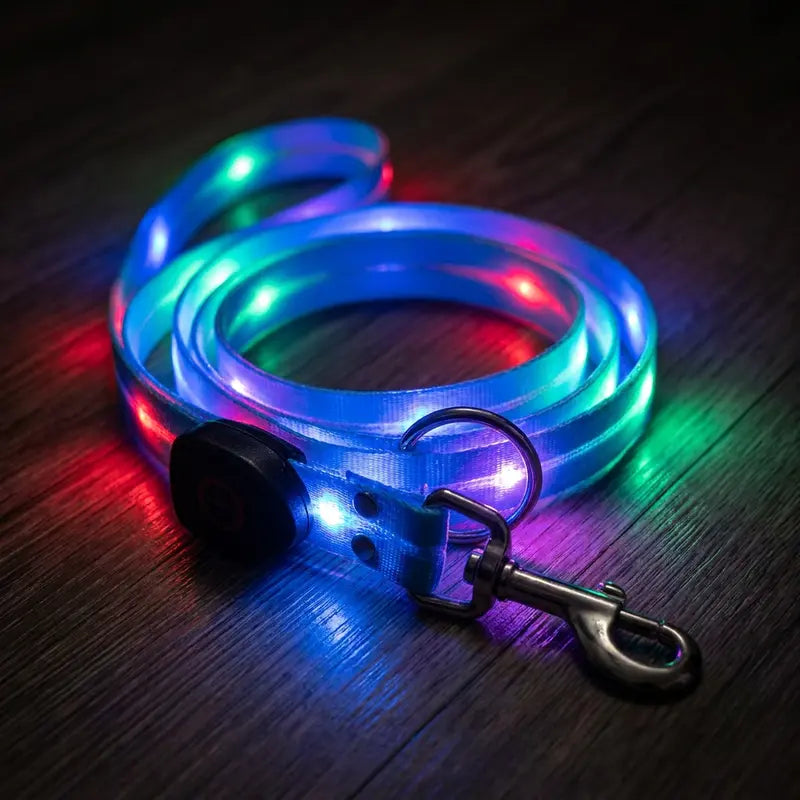 LED Light-Up Pet Leash with 5-Color Light Strip, Glowing Safety Dog Collar, USB Rechargeable Personalized Harness for Puppies