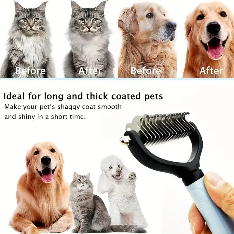 Pet Dematting Rake for Dogs & Cats - Double-Sided Stainless Steel Blades with Dual-Side Teeth, Ergonomic Non-Slip Handle Grooming Tool to Remove Mats, Tangles, Matted Hair & Loose Coat, Easy to Clean