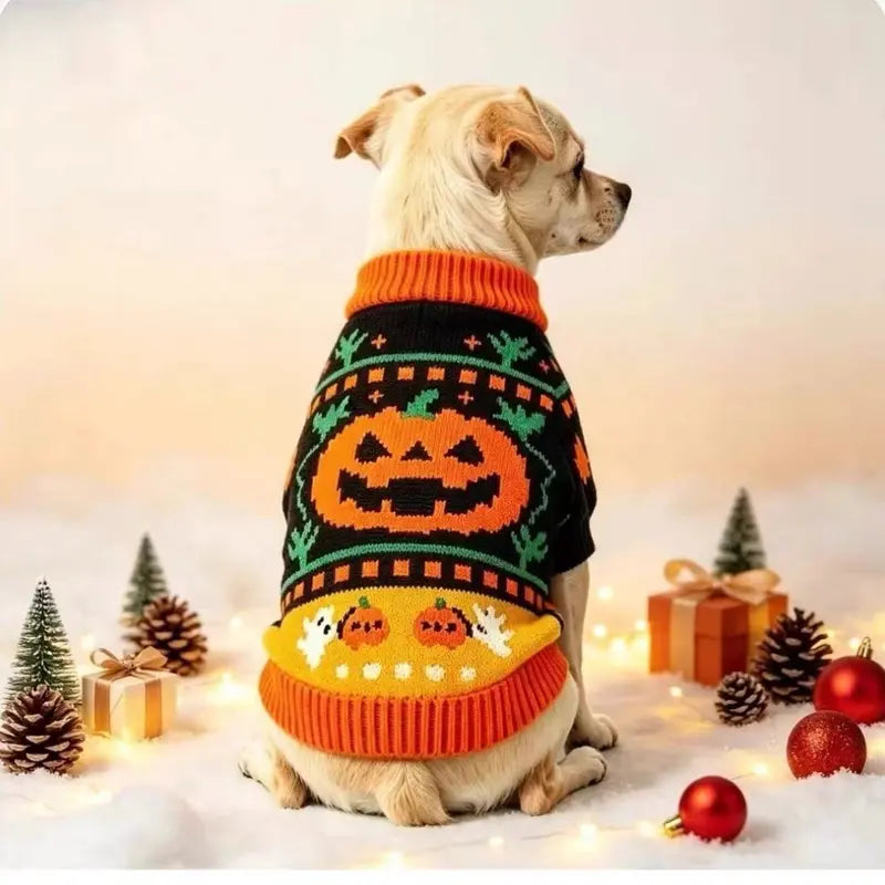 AUROTH Halloween Knitted Pet Sweater for Small/Medium Dogs & Cats, Cozy Fabric Outfit with Pumpkin Print & Ghost Pattern, Warmth Boost Fall Clothing