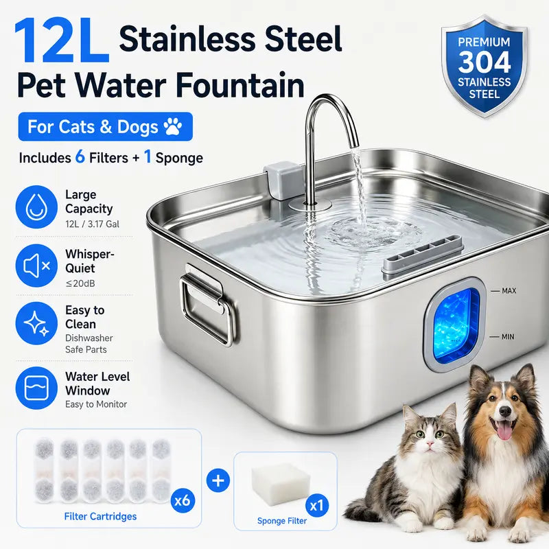 Sohochic 12L 304 SS Automatic Pet Water Fountain for Dogs & Cats, Large-Capacity Dispenser with LED Gauge, Quiet Pump, Multi-Pet Drinking Tray, Filter Set, with Filter Set