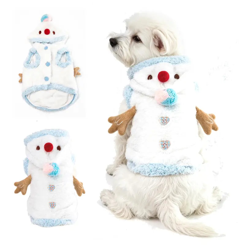 Snowman Christmas Pet Costume - Soft Warm Plush Hooded Outfit with D-Ring Leash Hole for Small/Medium Dogs & Cats, Winter Holiday Apparel