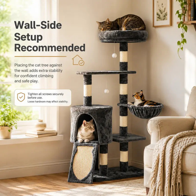 Heybly 43.3In Space-Saving Smoky Gray Cat Tree Condo Tower HCT004SG - Durable Sisal Rope Scratch Post, Padded Perch, Cozy Hammock, Toy-Included Indoor Cat Furniture