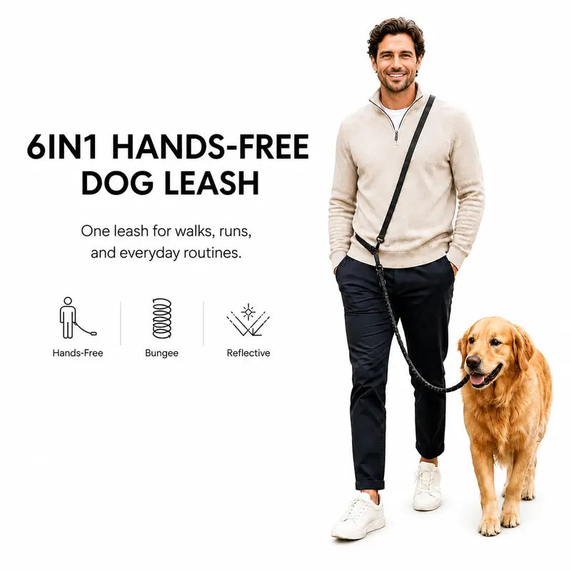 6-In-1 Hands-Free Bungee Dog Leash for Medium-Large Dogs - Nylon Webbing, Shock-Absorbing, Adjustable Waist & Crossbody Straps, Reflective Leashes for Walking, Car Rides, Bungee Leashes