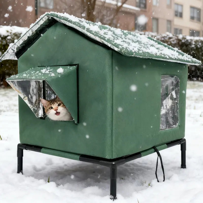 Elevated Waterproof Outdoor Cat House - Foldable Portable 4-Season Shelter for Stray Cats, Weatherproof Cat Villa