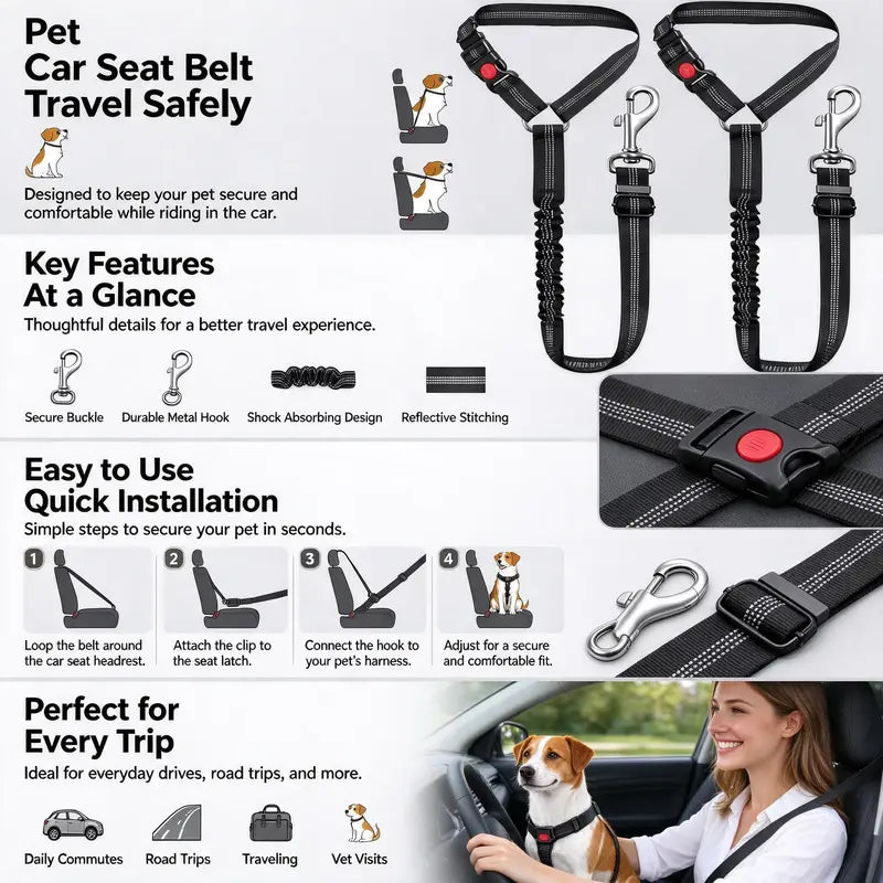 Dog Vehicle Safety Straps (2-Pack) - Nylon Fabric, Reflective Design, Elastic Shock-Absorbing, Adjustable Fit, Secure Fastening, Enhanced Night Visibility