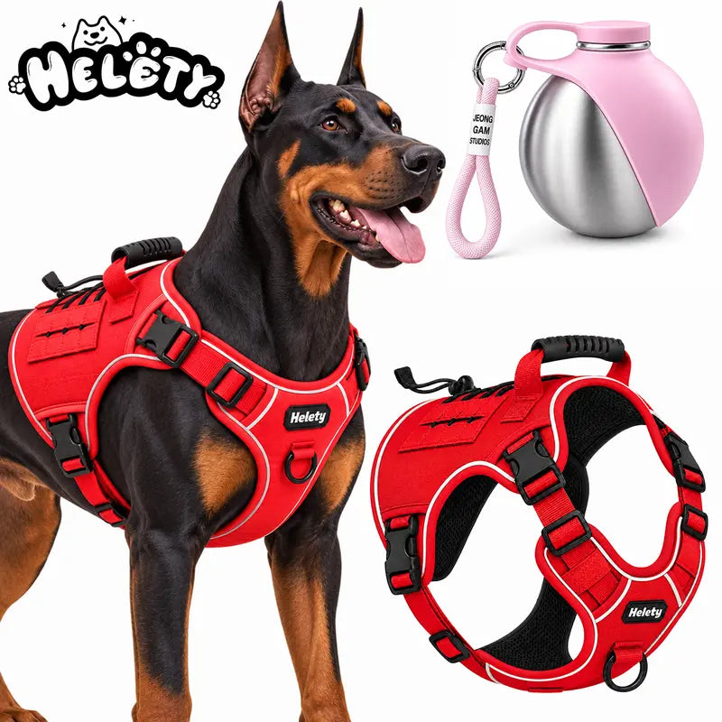 HELETY Dog 2-Piece Tactical Harness Set - No-Pull Reflective Adjustable Mesh+Polyester, Control Handle, Plush Corduroy Flexi Leash, Portable Water Bottle, Leather Bow Tie Collars for Small-Large Dogs, Escape-Proof Cat Safety Night Breakaway