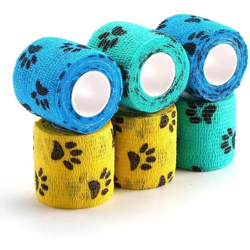 Pet Wrap, Self-Adhesive, Only Sticks to Itself, Non-Woven Tape for Dog Legs, Paws, Wounds, First Aid Cohesive Gauze for Horse, Cat, Bird, Animal, 6 Rolls, 2 Inch, Pawprints A