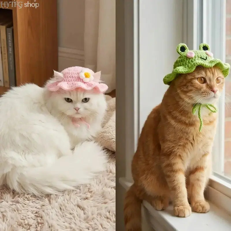 4-Pack Frog-Themed Hand-Knitted Pet Hats, Lightweight Polyester Headwear with Adjustable Strap, Full-Coverage Easy-Wear Warm Accessories for Small Cats (Birthday, Holiday)