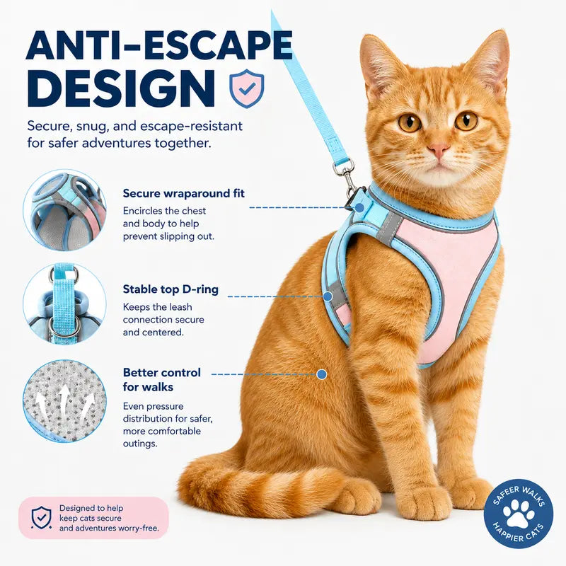 Escape Proof Cat Harness and Leash Set Pack - Adjustable, Soft Mesh Fabric, Lightweight, Sturdy Lock, Stress-Free for Small/Medium Cats (Solid Colors)