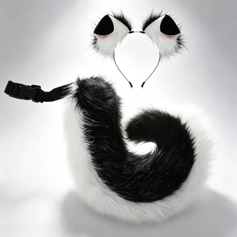 Adult Faux Fur Ears + Tail Set - Handmade Halloween Costume Roleplay Accessory, Adjustable Strap Waist Tail, Casual Soft Hair Headband for Secure Fit Parties