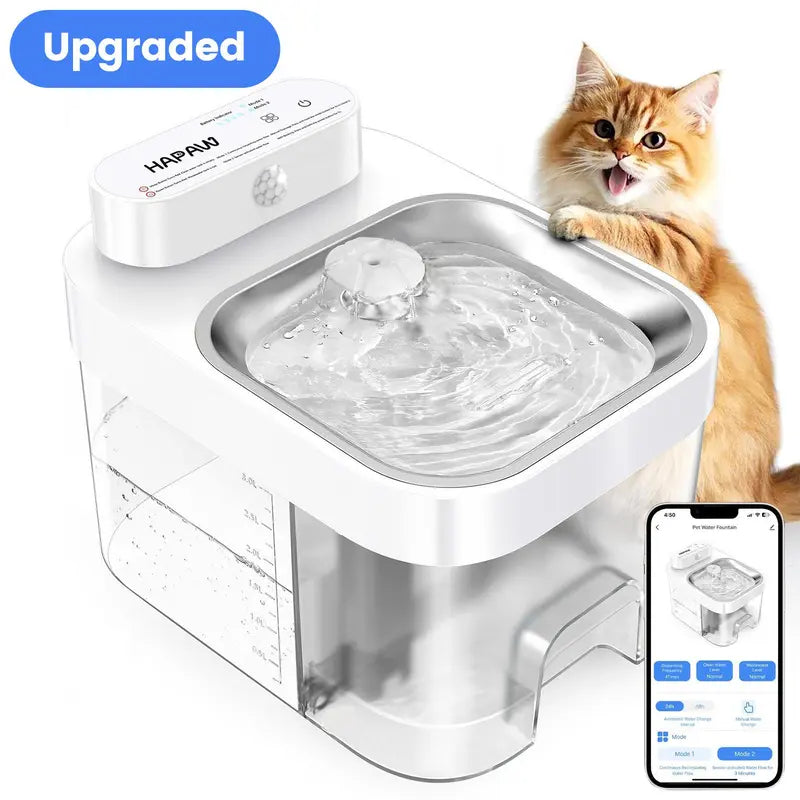 HAPAW Smart Cat Water Fountain - 3L Clean, 1.35L Wastewater Tanks (4.35L Total), 5000Mah Cordless, Filter-Free, 2 Flow Modes, App Remote Control for Multi-Cat Homes & Busy Owners