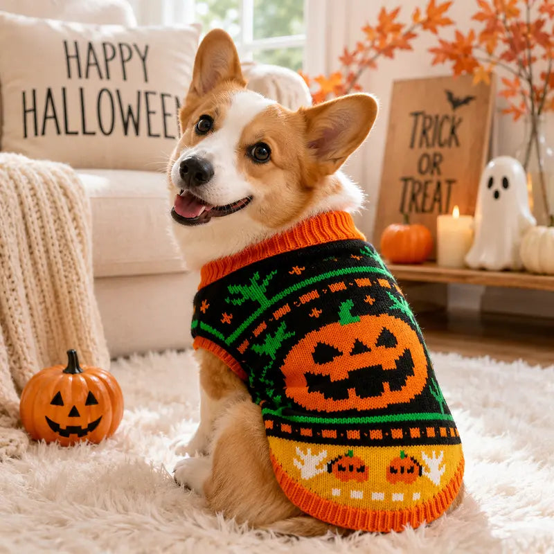 AUROTH Halloween Knitted Pet Sweater for Small/Medium Dogs & Cats, Cozy Fabric Outfit with Pumpkin Print & Ghost Pattern, Warmth Boost Fall Clothing