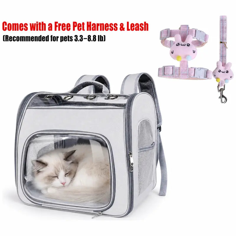 EGFSK Breathable Mesh Cat Carrier Backpack Set Pack, Pet Travel Carrier with Adjustable Harness-Leash, Airflow Vents, Easy Access Dual Zips, Removable Pad for Cats & Small Dogs up to 12 Lbs, Gray
