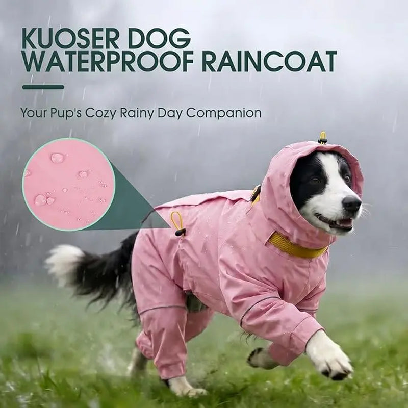 Kuoser Dog Raincoat - Waterproof Outdoor Pet Clothing with Reflective Stripes, Adjustable Hood, Leash D-Ring, 8-Leg Design, Lightweight Fabric for Hikes, Full-Body Coverage for Small/Medium/Large Dogs (Pink, Black)